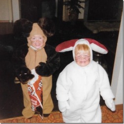 Me as a happy mouse, my sister as a sad rabbit.